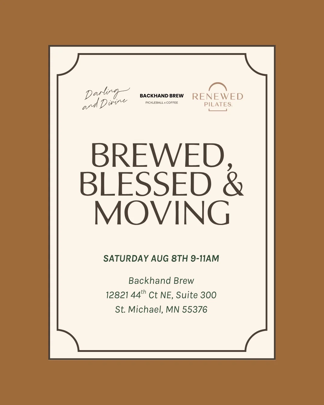 Brewed Blessed and Moving event flyer - August 8 at Backhand Brew