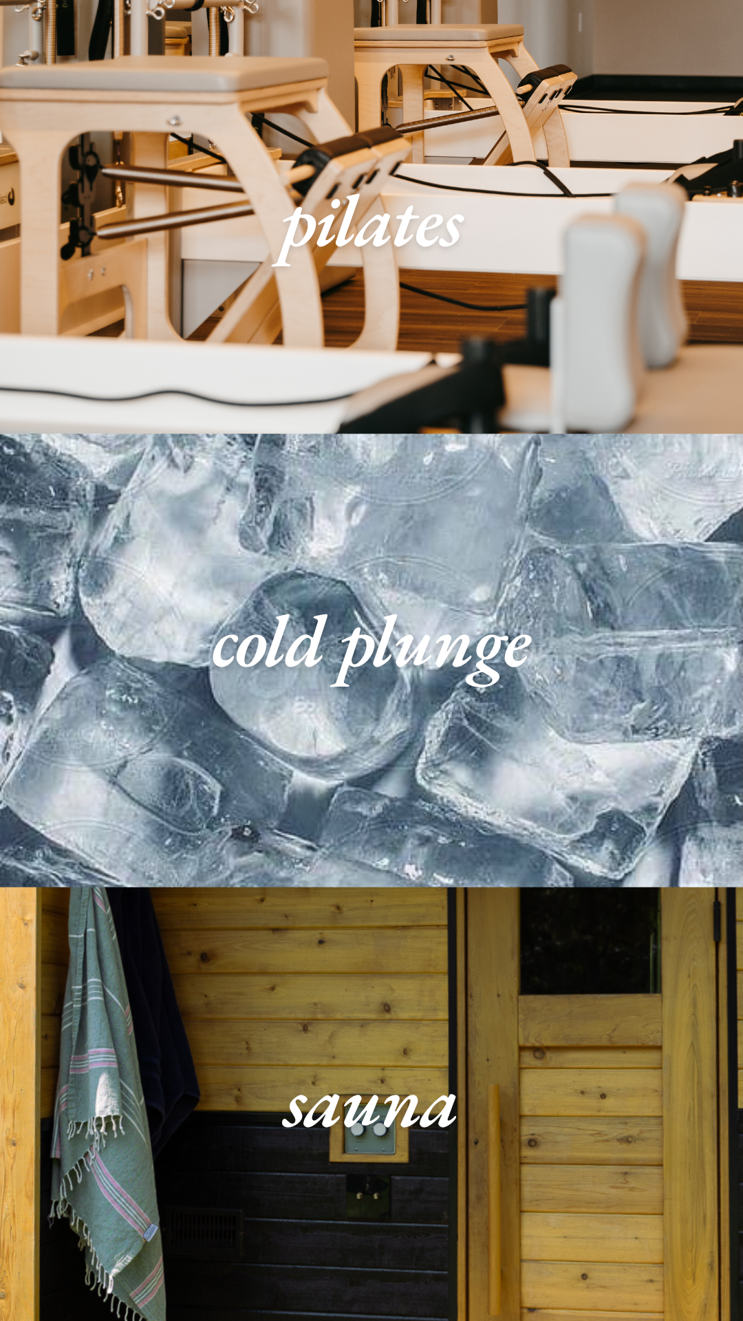 Renewed Pilates collage featuring Pilates, cold plunge, and sauna